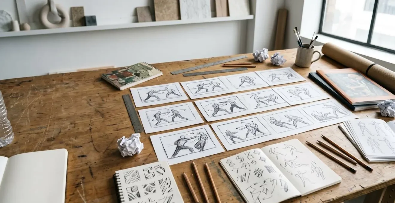 Professional animator workspace with storyboard panels showing fight sequence choreography and clear spatial orientation