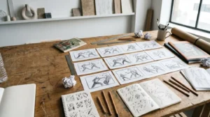 Professional animator workspace with storyboard panels showing fight sequence choreography and clear spatial orientation