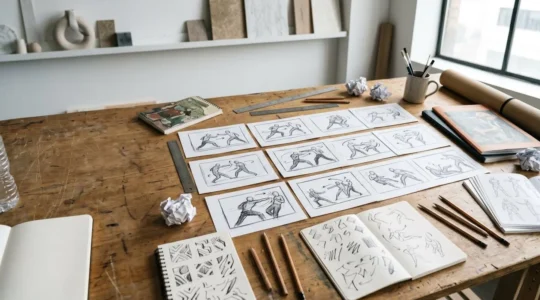 Professional animator workspace with storyboard panels showing fight sequence choreography and clear spatial orientation