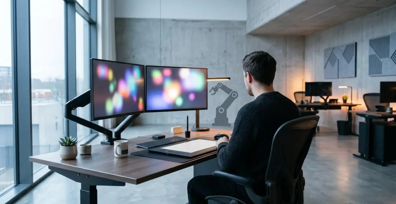 Professional animator working in modern digital studio environment showcasing automation workflow