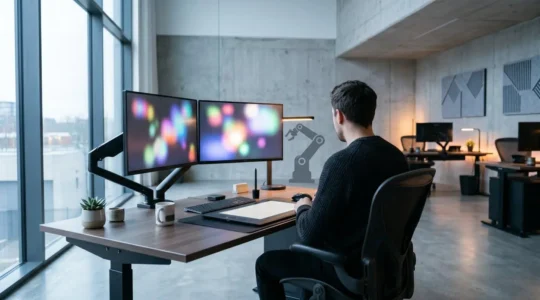 Professional animator working in modern digital studio environment showcasing automation workflow