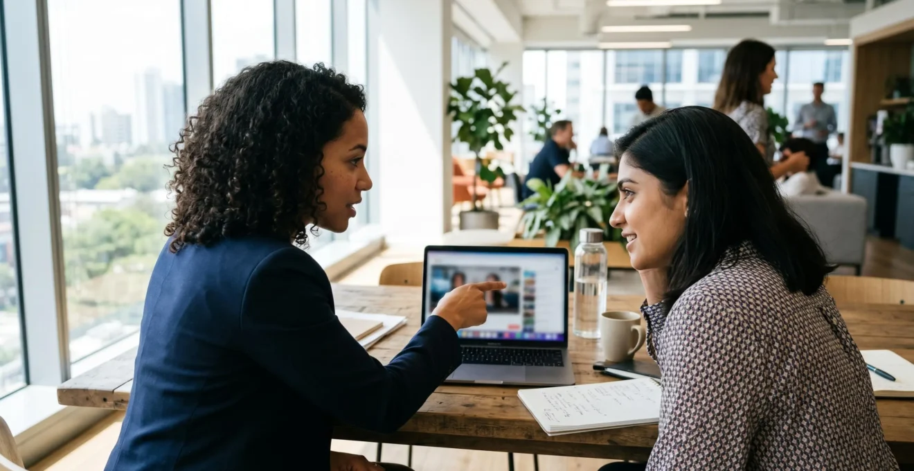 Two business colleagues reviewing video content together on a laptop in a bright contemporary office space