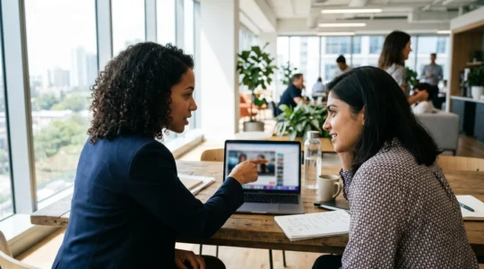 Two business colleagues reviewing video content together on a laptop in a bright contemporary office space