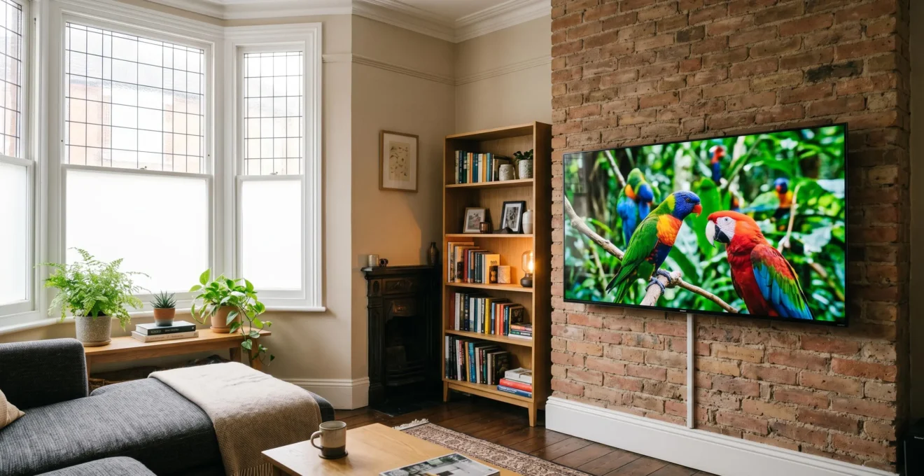 Professional TV display showing accurate color reproduction in a British living room setting without expensive calibration equipment