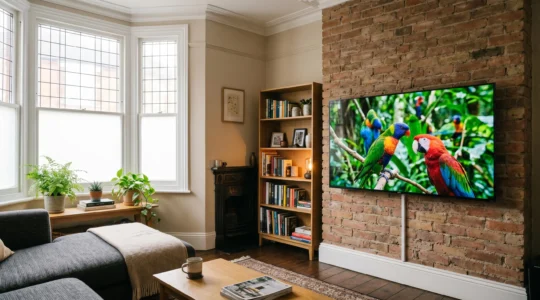Professional TV display showing accurate color reproduction in a British living room setting without expensive calibration equipment