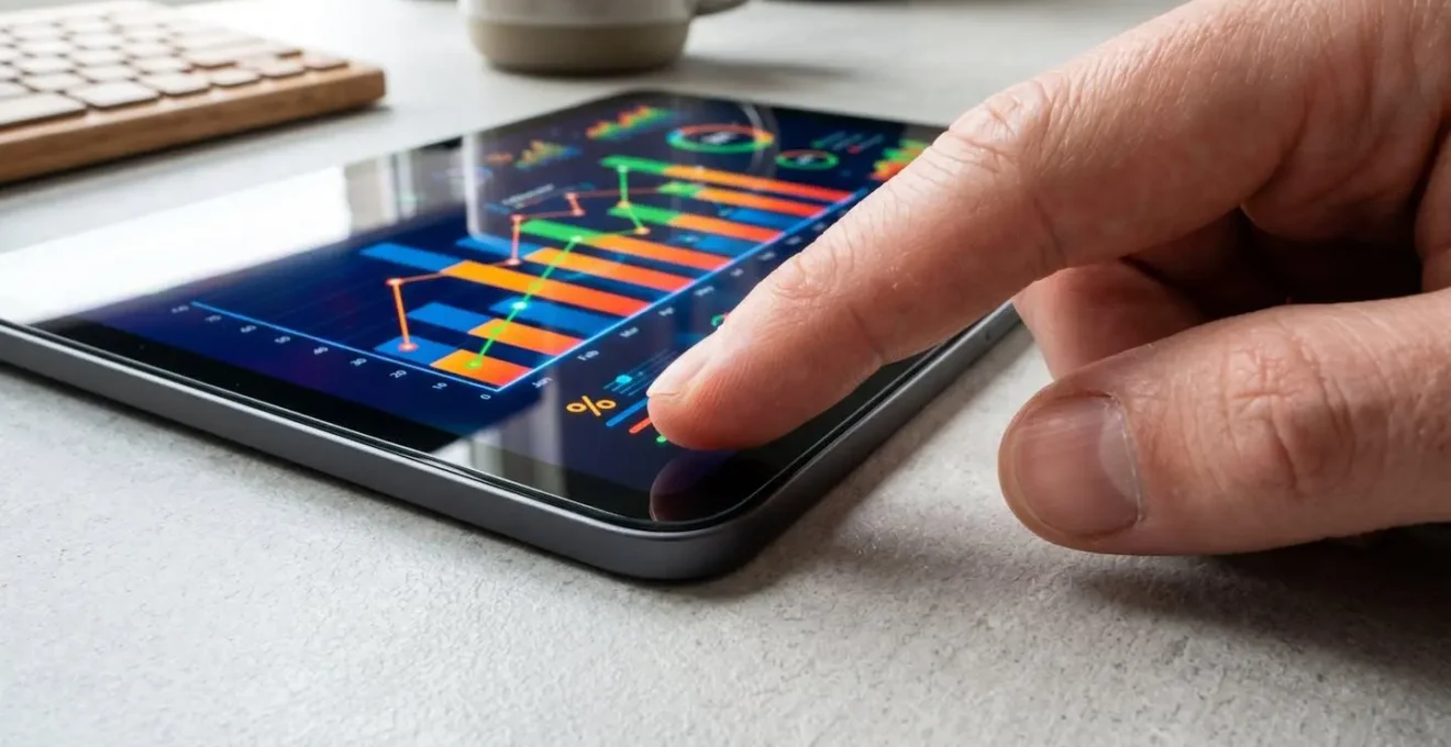 Extreme close-up of a finger hovering over a tablet screen showing a colorful data visualization with subtle motion blur on a modern desk