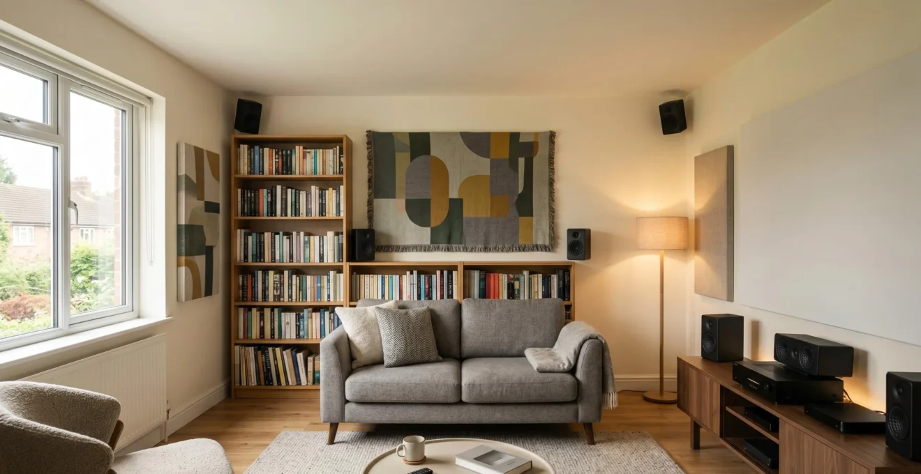 Modern compact UK living room transformed into an immersive home cinema with strategic speaker placement and acoustic treatment