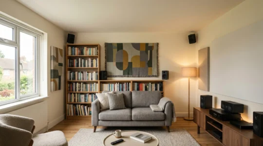 Modern compact UK living room transformed into an immersive home cinema with strategic speaker placement and acoustic treatment