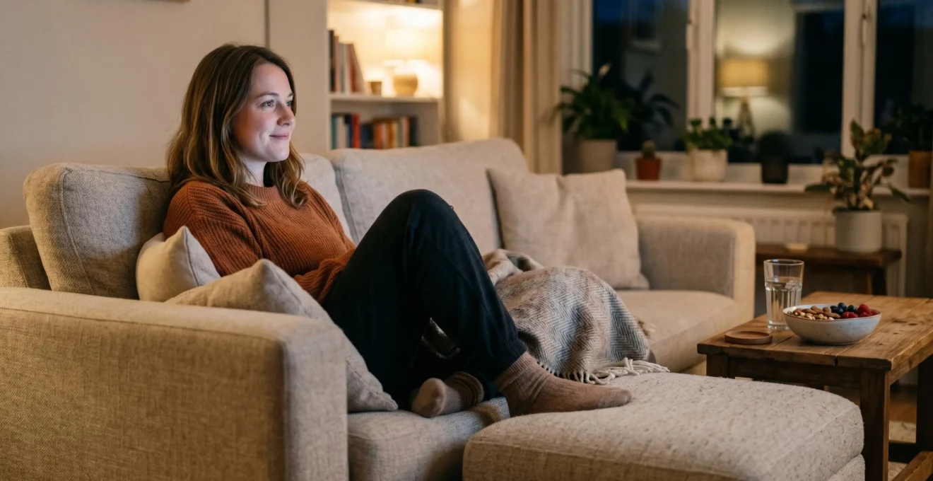 Person relaxed on comfortable sofa in warm-lit living room during evening TV series marathon viewing session