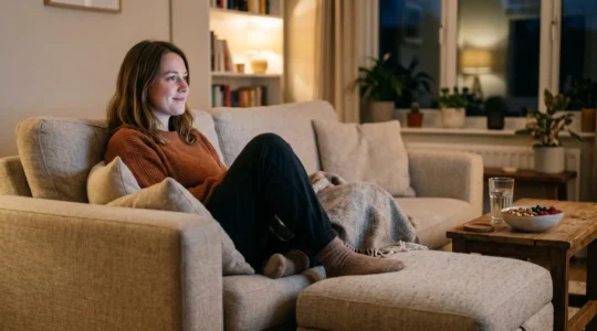 Person relaxed on comfortable sofa in warm-lit living room during evening TV series marathon viewing session