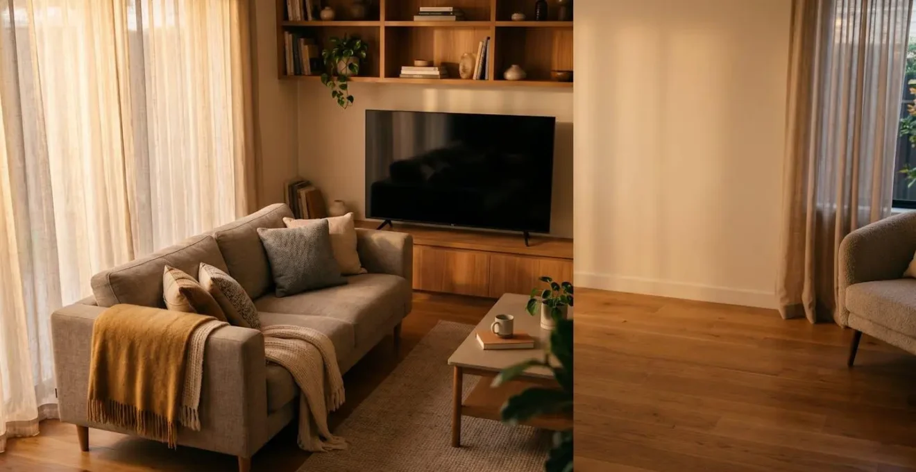 A warm, inviting living room scene capturing the comfort of sitcom viewing for stress relief