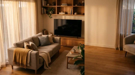 A warm, inviting living room scene capturing the comfort of sitcom viewing for stress relief