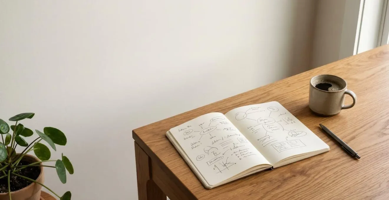 Creative workspace showing organized idea generation system with structured brainstorming materials and sustained energy flow