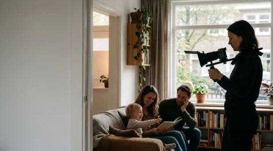 Documentary filmmaker working discreetly with minimal equipment in natural light capturing authentic moments