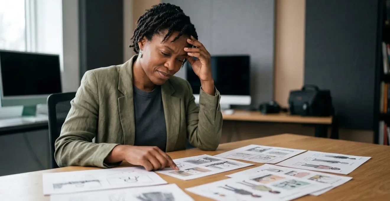Documentary filmmaker reviewing animation storyboards with serious tone and professional aesthetic in studio environment