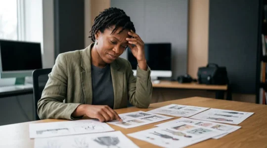 Documentary filmmaker reviewing animation storyboards with serious tone and professional aesthetic in studio environment