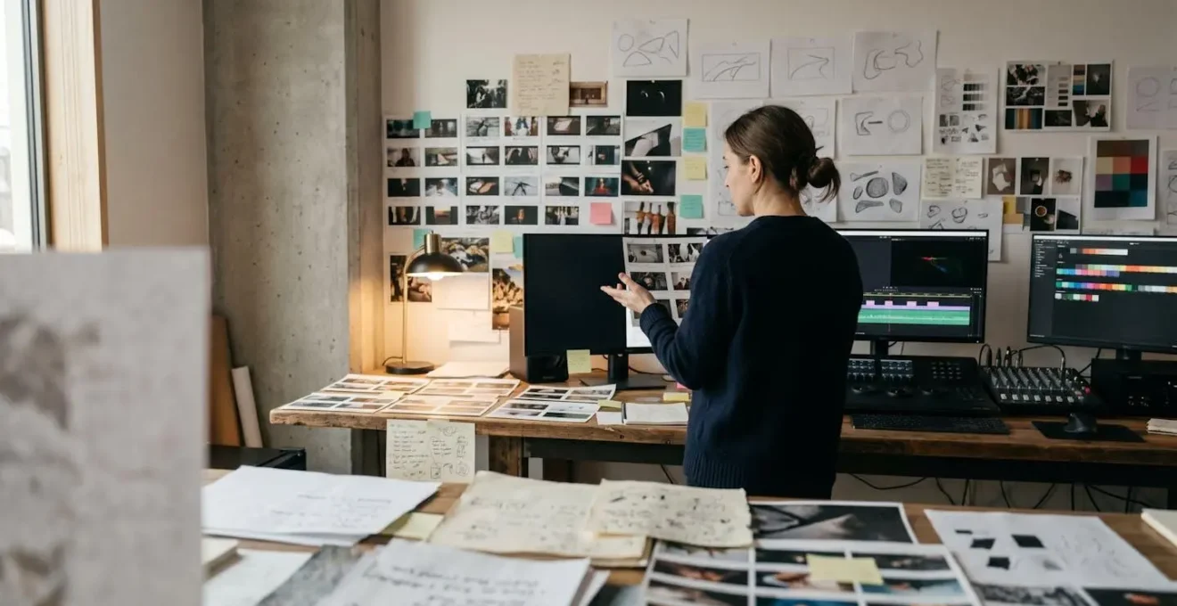 Documentary filmmaker arranging visual storytelling elements for educational content