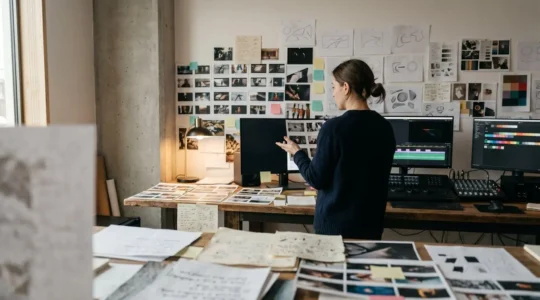 Documentary filmmaker arranging visual storytelling elements for educational content