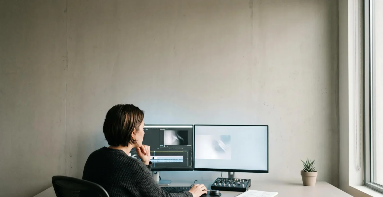 Documentary filmmaker observing raw footage on professional editing equipment in contemplative workspace, emphasizing visual narrative composition.