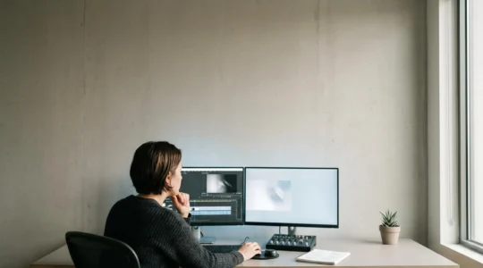 Documentary filmmaker observing raw footage on professional editing equipment in contemplative workspace, emphasizing visual narrative composition.