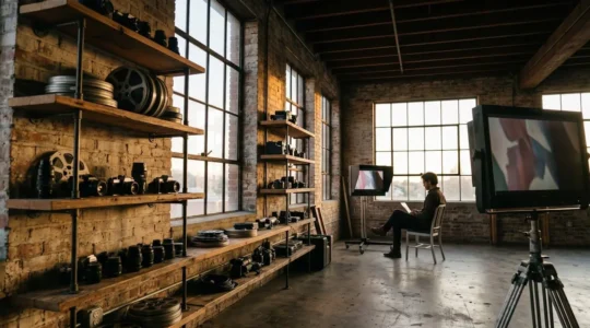 Documentary filmmaker reviewing footage on professional editing display in cinematic workspace