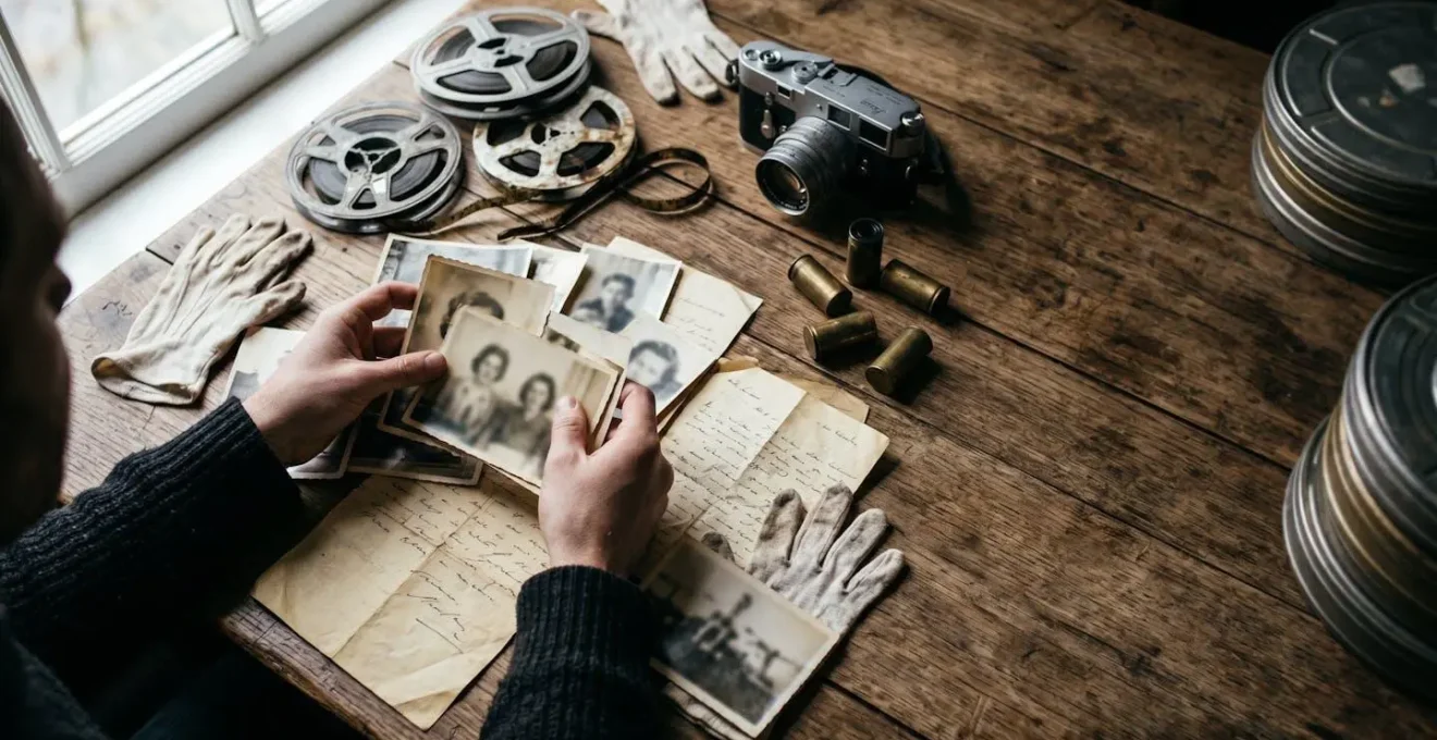 A filmmaker's hands arranging authentic period props and archival photographs on a wooden surface under natural light, symbolizing the careful balance between truth and creative reconstruction in documentary filmmaking