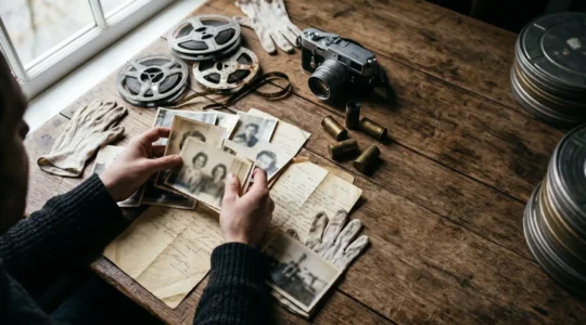 A filmmaker's hands arranging authentic period props and archival photographs on a wooden surface under natural light, symbolizing the careful balance between truth and creative reconstruction in documentary filmmaking