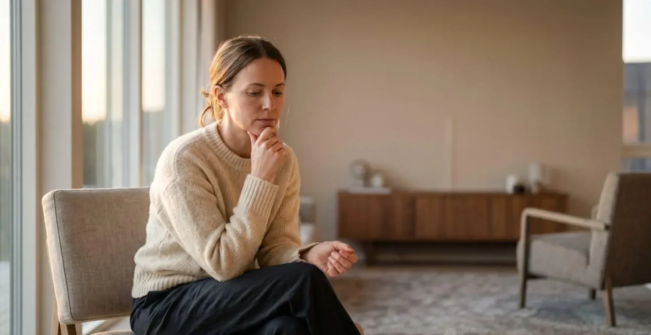 Person contemplating television viewing decisions with analytical mindset in contemplative setting