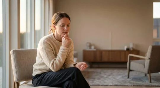 Person contemplating television viewing decisions with analytical mindset in contemplative setting