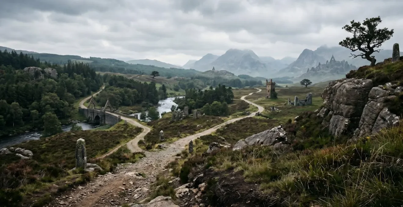A vast fantasy landscape showing interconnected narrative threads and world elements across a multi-season television series journey