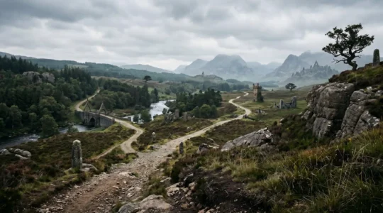 A vast fantasy landscape showing interconnected narrative threads and world elements across a multi-season television series journey