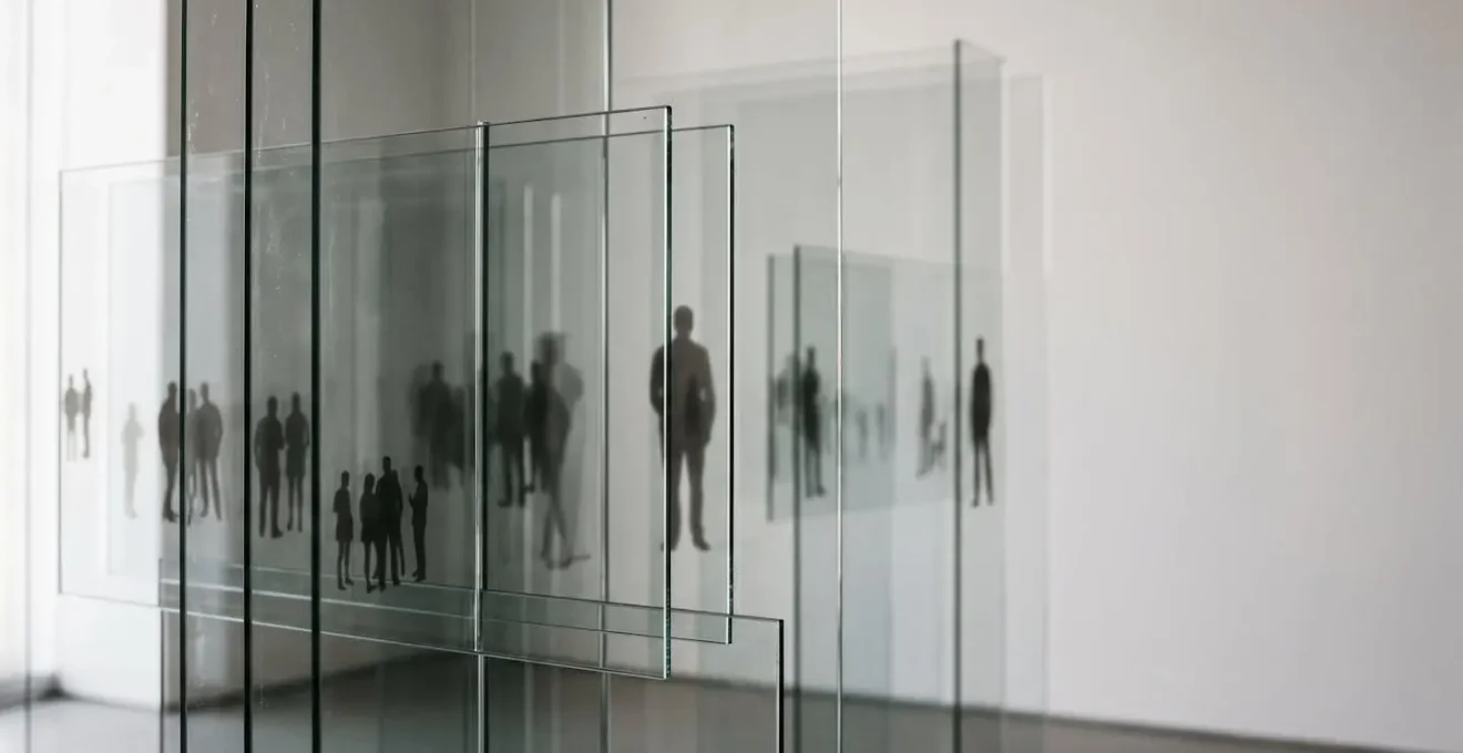 Interconnected visual metaphor showing systemic structures affecting human stories through abstract composition