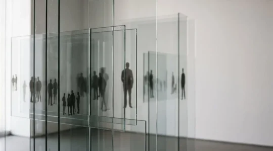 Interconnected visual metaphor showing systemic structures affecting human stories through abstract composition