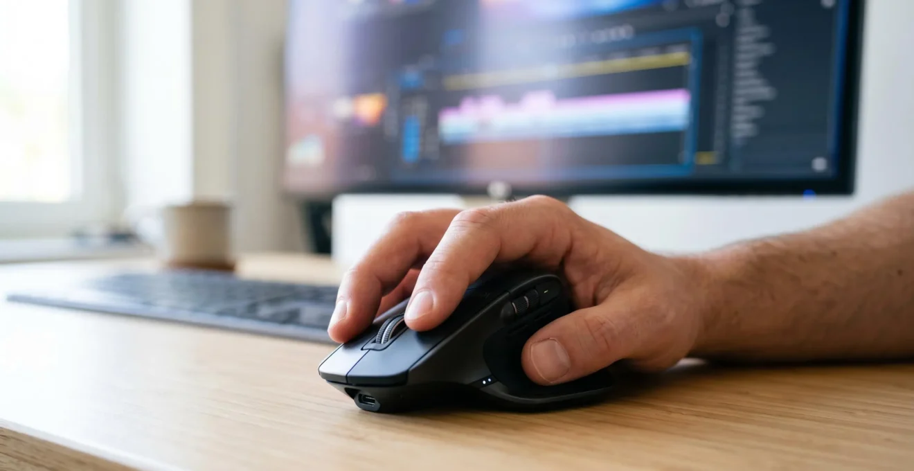 Close-up of a professional's hand operating a wireless mouse on a clean contemporary desk with a blurred computer monitor in the background