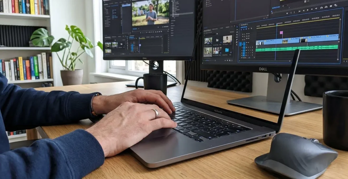 Close-up of hands typing on a laptop keyboard with a blurred video editing interface visible in the soft-focus background