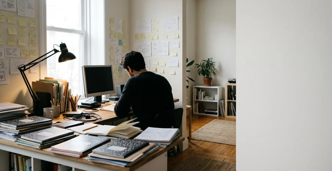 Independent filmmaker carefully reviewing and cross-referencing paper documents and notes at desk with natural window lighting