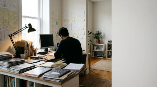 Independent filmmaker carefully reviewing and cross-referencing paper documents and notes at desk with natural window lighting
