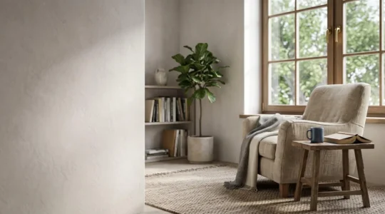 A 3D animated room showing subtle signs of daily life through asymmetrical object placement and natural wear patterns