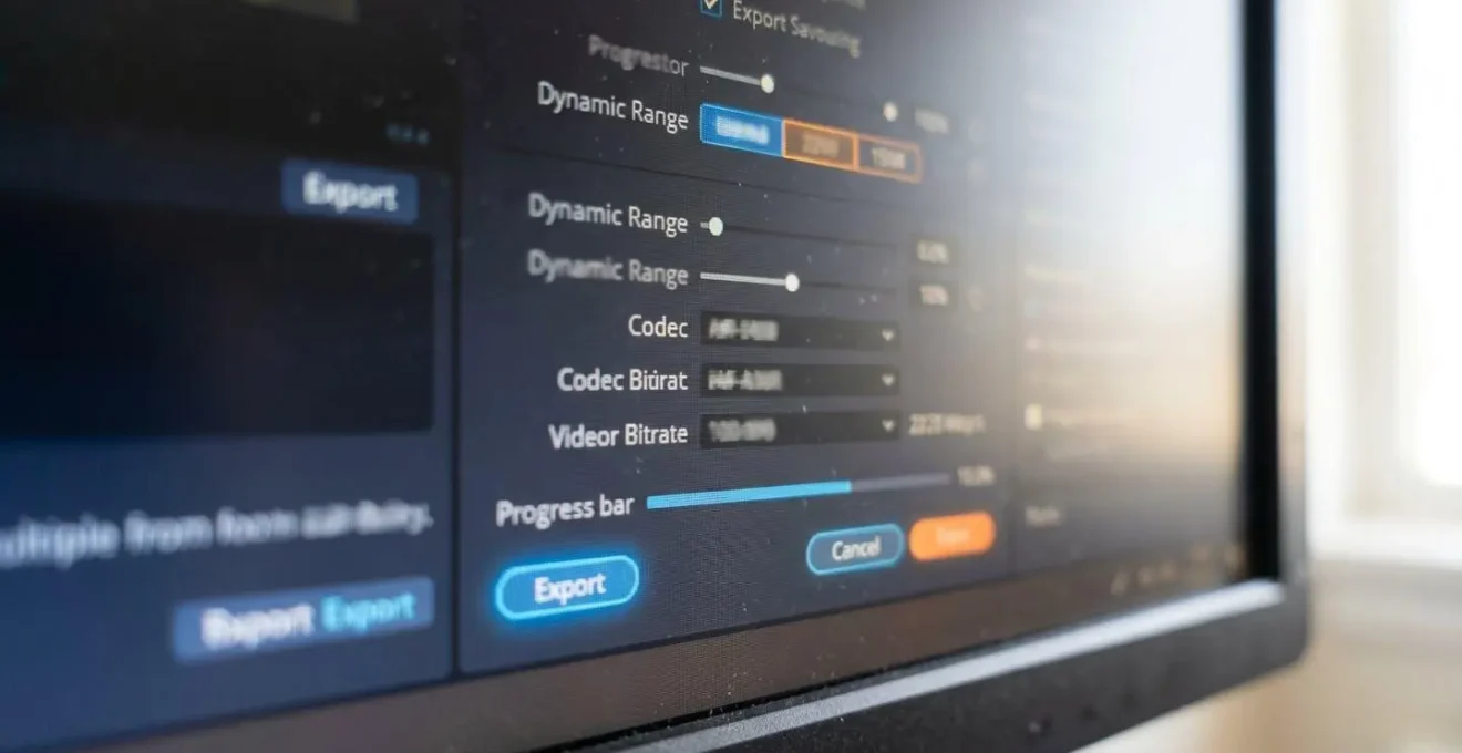 Extreme close-up of a computer screen displaying video export settings with technical parameters visible but slightly out of focus