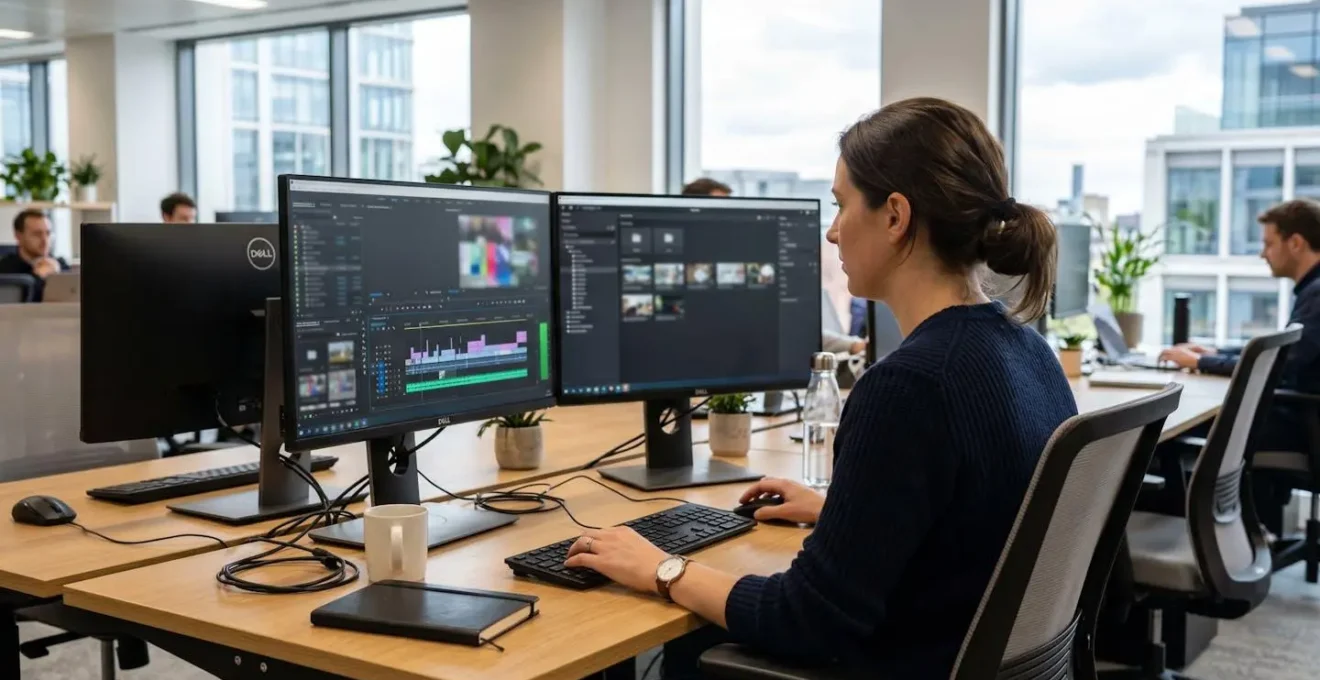 Marketing professional working at dual monitors in contemporary office, focused on video editing task with screens visible but blurred, natural working posture