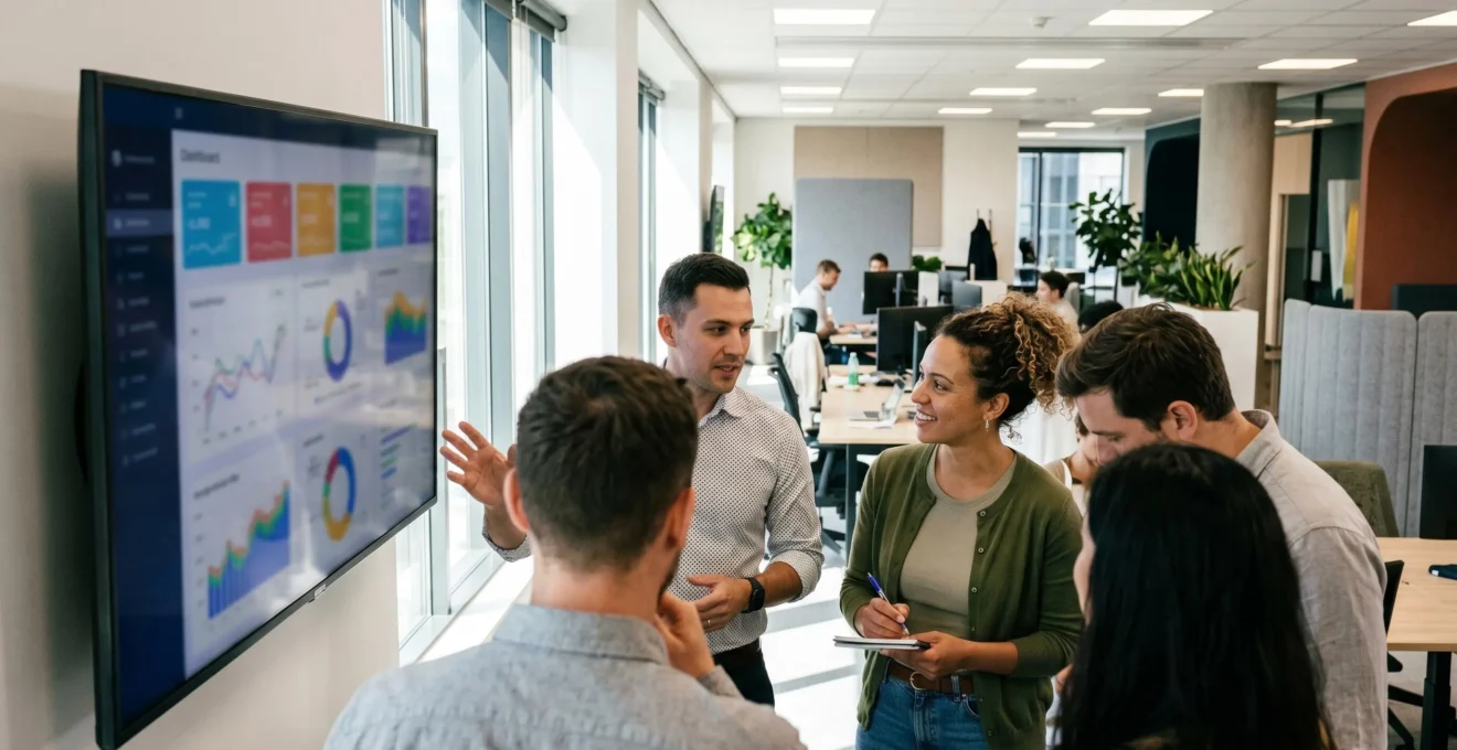 Marketing team members gathered around a large office monitor displaying colorful animated charts during an informal strategy meeting