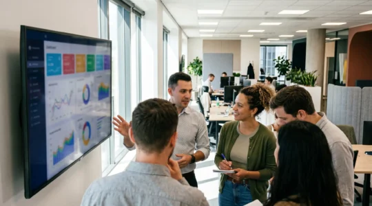 Marketing team members gathered around a large office monitor displaying colorful animated charts during an informal strategy meeting