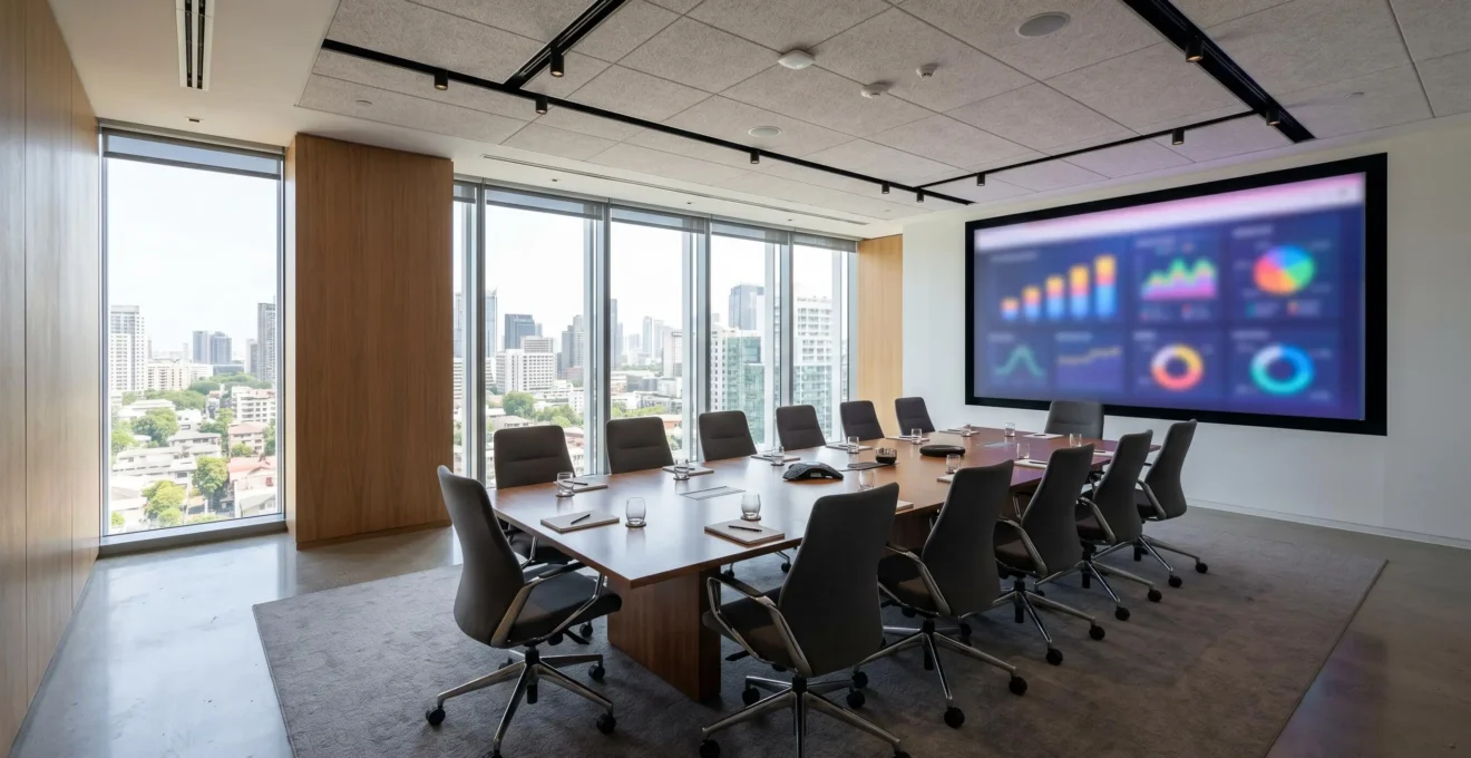 Contemporary conference room with a large display screen showing blurred data visualizations, empty chairs arranged around a table, floor-to-ceiling windows providing natural daylight