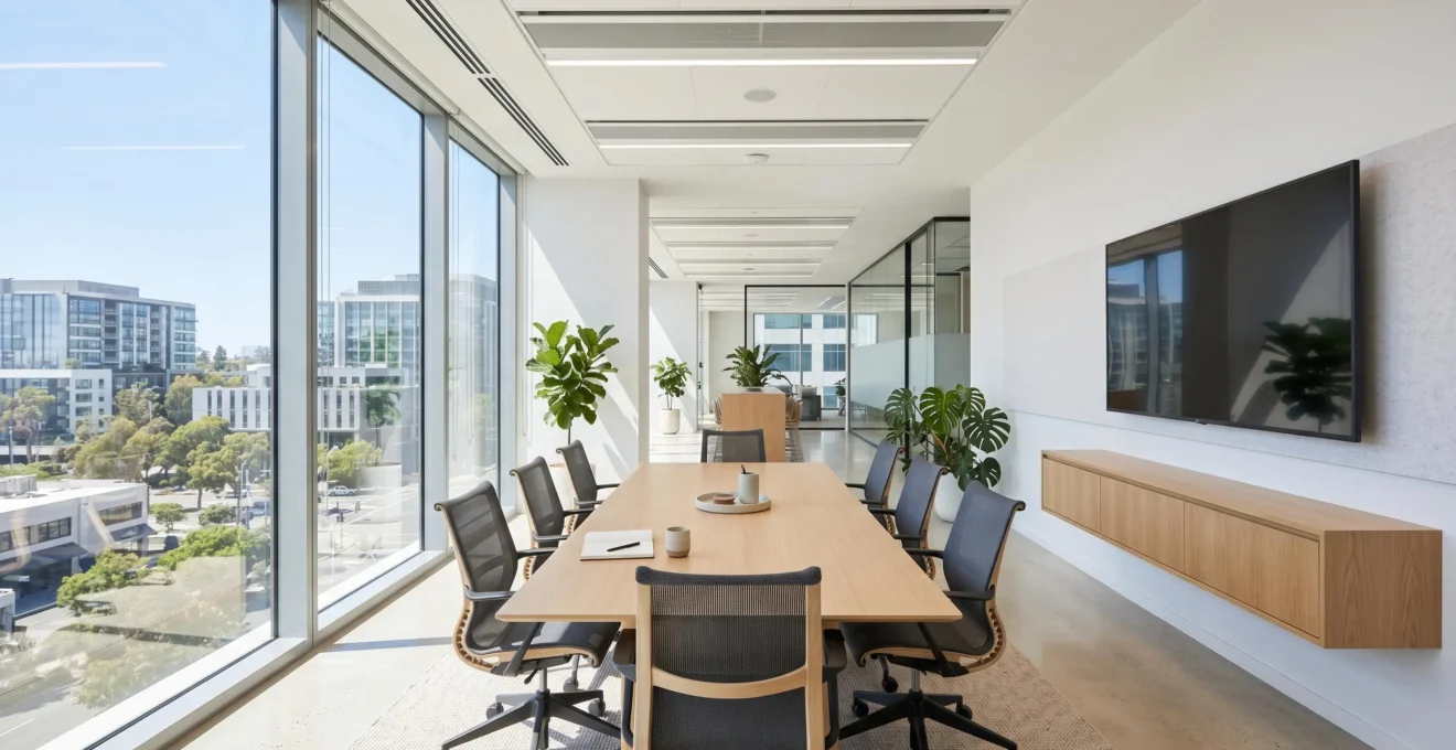Wide view of a contemporary meeting room with floor-to-ceiling windows, a large wall-mounted display, and clean minimalist furniture flooded with natural light