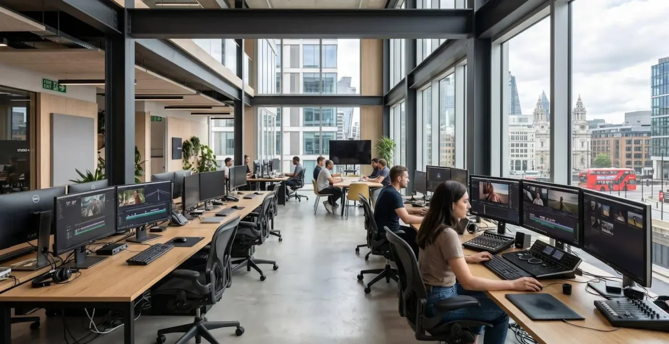 Contemporary UK creative office space with video editing workstations, large windows providing natural light, modern furniture and equipment in clean professional environment