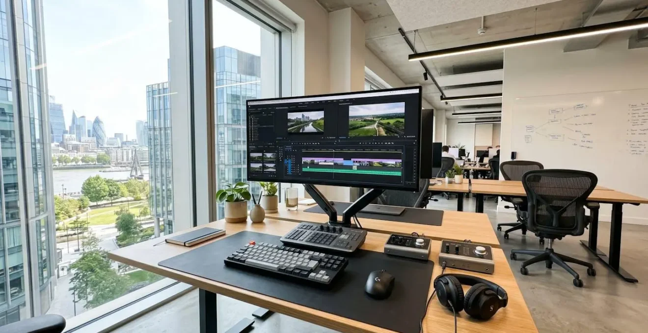 Wide-angle view of a professional video editing workspace with a large monitor and clean desk in a bright contemporary office flooded with natural window light