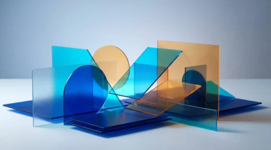Editorial photograph showing abstract brand identity elements across multiple digital screens with consistent visual motifs