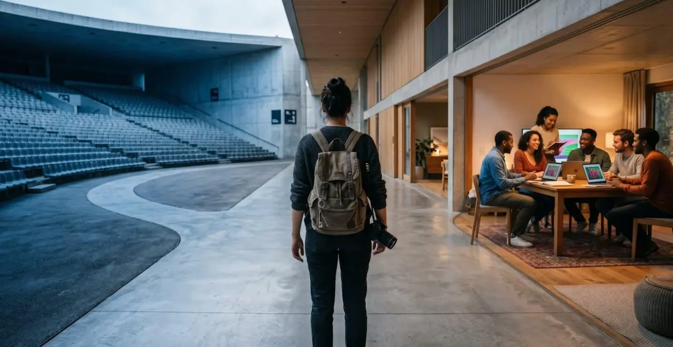 A content creator standing at a crossroads between expansive empty space and a small intimate gathering