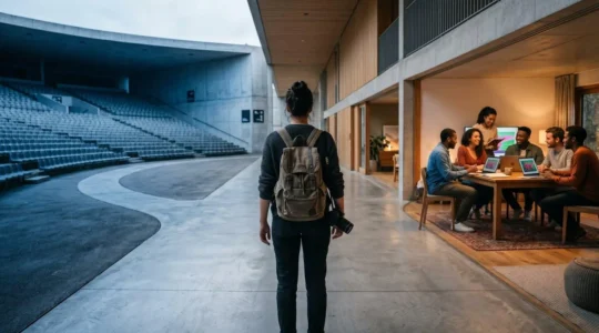 A content creator standing at a crossroads between expansive empty space and a small intimate gathering