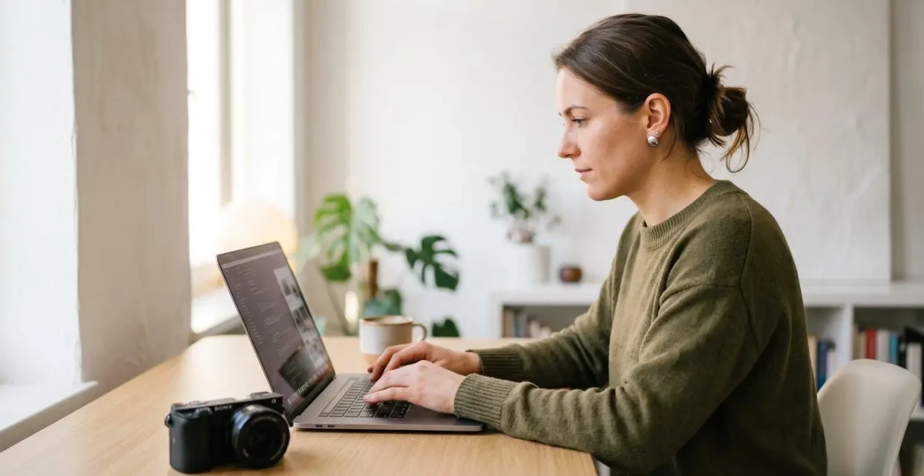 Solo creator editing professional video content using modern drag-and-drop software interface